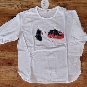 Japanese Hand Made White Long Sleeve Tee with Rabbit Design